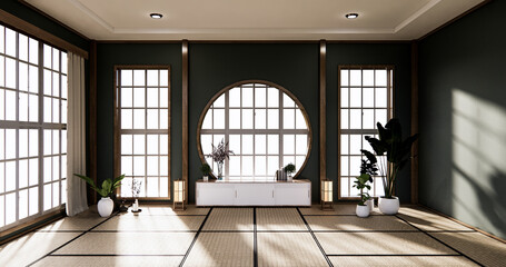 Wall Mural - Dark Circle wall design and cabinet on empty  Living room japanese deisgn with tatami mat floor. 3D rendering