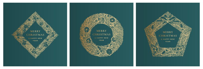 Canvas Print - Christmas Greetings Vector Banner Templates Set. Winter Holiday Symbol Doodle Pine Branches Wreath Sketches on Green Background. New Year Frame Labels or Card Design Collection with Golden Glitter