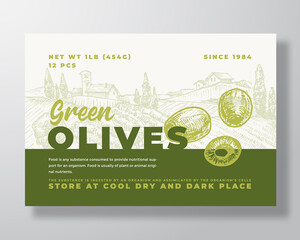 Wall Mural - Vegetable Food Label Template. Abstract Vector Packaging Design Layout. Modern Typography Banner with Hand Drawn Green Olives and Rural Landscape Background. Isolated
