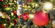 Christmas tree with new year decorations. New Year celebration. Selective soft focus. Background for postcards. Banner.