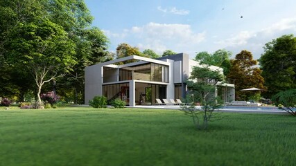 Poster - 3D animation with a modern pitched roof house with a pool and a garden