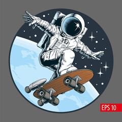 Wall Mural - Astronaut skater riding on skateboard through the space. Comic style vector illustration. Isolated on transparent background.