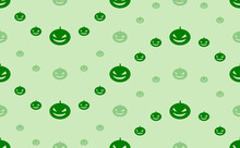Seamless Pattern Of Large And Small Green Halloween Pumpkin Symbols. The Elements Are Arranged In A Wavy. Vector Illustration On Light Green Background