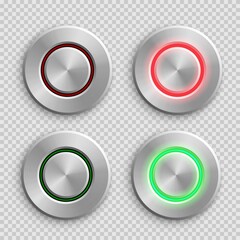 Poster - Chrome circle button set. Metal silver round 3d icons vector illustration. Shiny circular realistic objects on transparent background. Abstract elements with red and green light