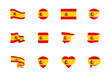 Spain flag - flat collection. Flags of different shaped twelve flat icons.