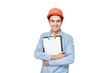 © Анастасия Семашко - Smiling Builder in helmet holds notepad, isolated