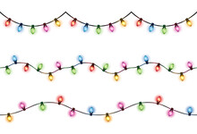 Vector Set Of Realistic Glowing Colorful Hanging Christmas Lights In Seamless Pattern On White Background