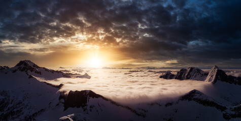 Wall Mural - Aerial Panoramic View of Remote Canadian Mountain Landscape. Dramatic Colorful Sunrise Art Render. Located near Vancouver, British Columbia, Canada. Nature Panorama Background.