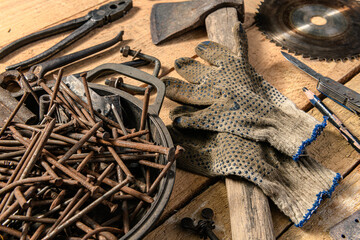 Wall Mural - Old vintage household hand tools still life on a wooden background in a DIY and repair concept