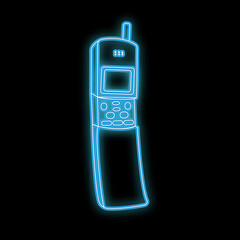 Poster - Beautiful abstract neon bright glowing icon, a signboard from an old retro mobile phone with antenna and buttons from the 70s, 80s, 90s and copy space on a black background.