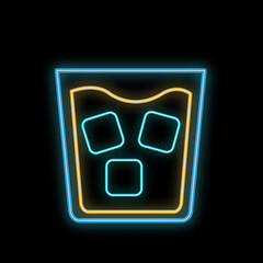 Wall Mural - A simple abstract neon bright glowing glowing blue icon, a signboard for a bar of whiskey with ice in a glass and copy space on a black background. 