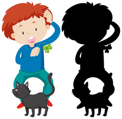 Sticker - Boy playing with cat in colour and silhouette