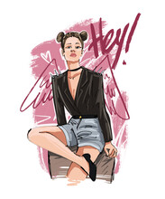 Heyslogan. Hand Drawn Beautiful Young Woman With Style Hair. Fashion Woman Look. Sketch.Vector Illustration