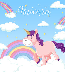 Wall Mural - Unicorn stand on the cloud with pastel rainbow on blue sky background