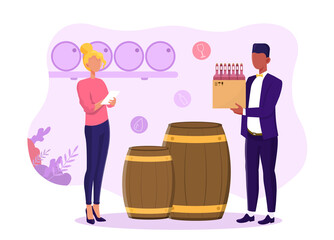 Manager is accounting alcohol. Female character is using notepad for counting bottles of wine to prepare for sale. Flat vector illustration