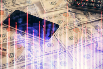 Double exposure of forex graph drawing over us dollars bill background. Concept of financial markets.