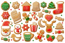 Gingerbread Cookie In Christmas New Year Symbol Form Set. Holiday Treat In Shape Of Xmas House, Bell, Snowflake, Man, Star, Snowman, Bird, Holly, Santa Vector Illustration Isolated On White Background