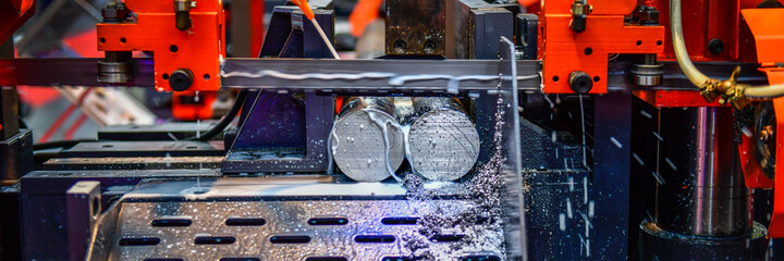 Wall Mural - industrial metal working cutting process the raw material bar clamping on the cnc lathe machine, ban
