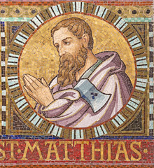 VIENNA, AUSTIRA - OCTOBER 22, 2020: The detail of apostle St. Matthias (replacement of Judas Iscariot) from mosaic of Immaculate Conception in church Pfarrkirche Kaisermühlen.