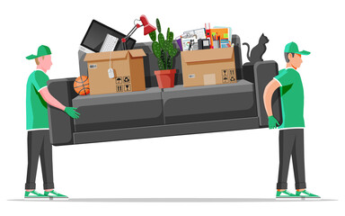 Wall Mural - Delivery character man movers carry sofa with household items. Porters carry couch isolated. Moving company with loaders and furniture. Delivery relocation service. Flat vector illustration