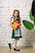 © Vagengeim - Full-length portrait adorable little schoolgirl in uniform in front of white brick wall background. Cute girl hold two books. 1 september first study day.
