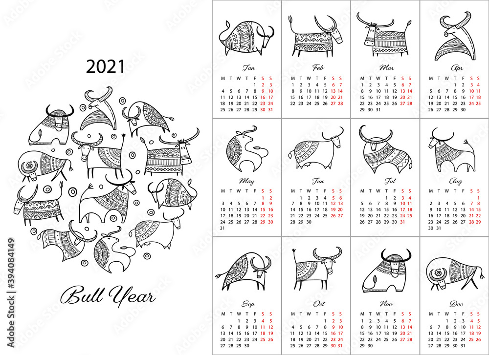 Happy new year, Calendar 2021. Bull, ox, cow. - obrazy, fototapety, plakaty 
