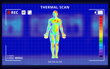 Vector Graphic Of Medical Thermal Imaging Of Human Front Body Scan By Infrared Ray Structure Measure Isolated On Blue Blurred Background. Schematic Vector Illustration. Vector EPS 10.