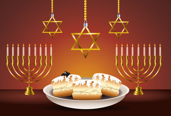 Wall Mural - happy hanukkah celebration card with food and chandeliers