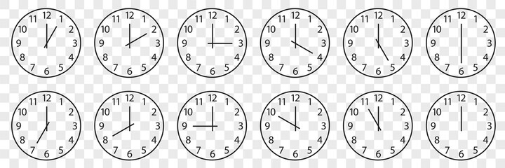 Poster - Clock vector icon. Set of round clocks faces showing different time. Time sumbol isolated. Vector illustration.