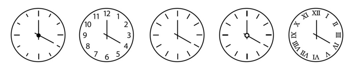 Poster - Clock and time outline icon. Set of clock icon isolated. Horizontal clocks vector symbol on white background. Circle, figures and arrow icon. Vector illustration.