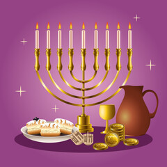 Poster - happy hanukkah celebration card with candelabrum and golden elements