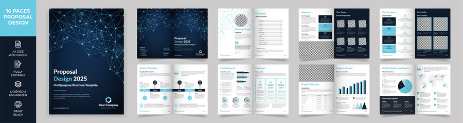 16 page multipurpose brochure template, simple style and modern layout, elements of infographics for