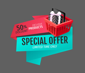 Wall Mural - Special offer of shop, natural product guarantee isolated banner vector. Shopping basket with gift, present with bow. Premium goods price reduction