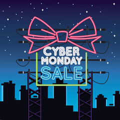 Canvas Print - cyber monday sale neon light with gift on the city