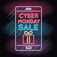 Canvas Print - cyber monday sale neon light with gift in smartphone