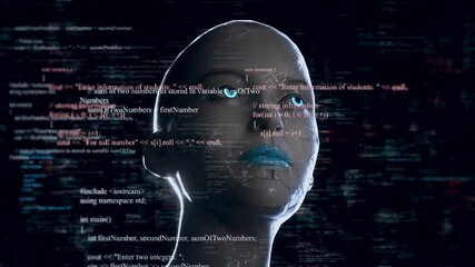 Poster - humanoid android robot with artificial intelligence reading programming codes 4k
