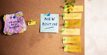 Change Concept. Managing New Routine From Old To New Habits By Sticky Note On Cork Board
