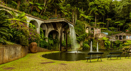 Sticker - A view across the lake and fountains in the tropical garden above the city of Funchal Madeira