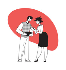 Poster - Man and woman discuss work with gadgets. Cartoon people talking and holding smart devices. Teamwork and communication with modern electronics. New web technologies or software, vector illustration