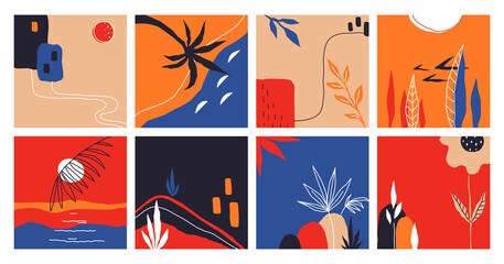 Poster - Abstract scribble posters. Trendy square banners with exotic tropical leaves, nature elements and modern doodle shapes. Summer landscape social media background collection, vector curve collage set