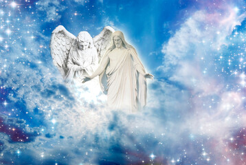 Wall Mural - angel archangel and jesus christ with open arms over divine sky with light like peace, hope, protect
