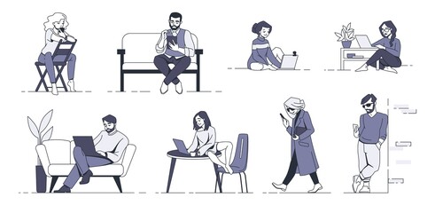 Poster - People with gadgets. Cartoon men and women using phones or laptops for work and entertainment. Cute human surfing internet at home or outdoor. Online chatting and messaging. Vector black and white set