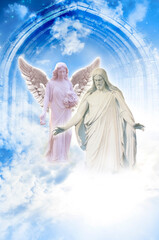 Wall Mural - angel archangel in divine heaven gate with light and mystic sky like peace, love, protection and car