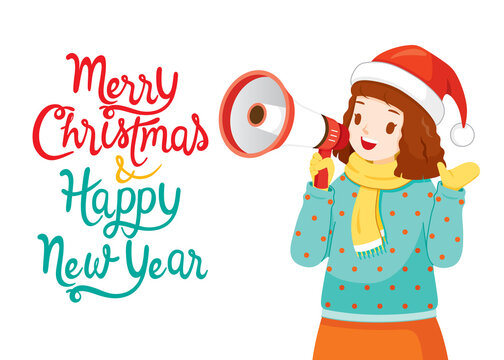 Girl Using Megaphone Saying Merry Christmas And Happy New Year