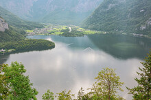 The Hallstatter See with Obertraun on the opposite shore seen from the Hallstatt skywalk