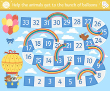 Birthday Board Game For Children With Cute Animals In Hot Air Balloon. Educational Holiday Boardgame With Clouds, Rainbows And Balloons. Party Activity For Kids..
