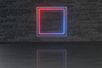 Sticker - Reflective metal floor with neon lines, 3d rendering.