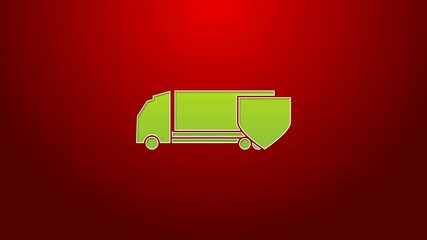 Sticker - Green line Delivery cargo truck with shield icon isolated on red background. Insurance concept. Security, safety, protection, protect concept. 4K Video motion graphic animation