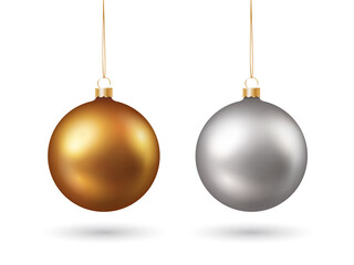 Wall Mural - set of gold and silver colored realistic shiny christmas baubles isolated on white background