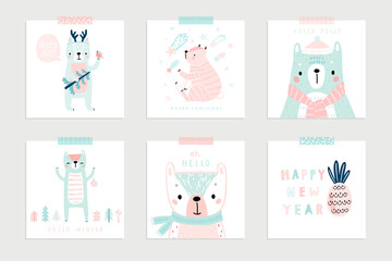 Poster - Christmas set with Cute Bears celebrating Christmas eve, handwritten letterings and other elements.